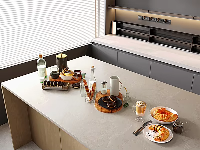 Delicious Food Display on Modern Kitchen Countertop with Bread Jam Coffee Latte and Croissant 3d model