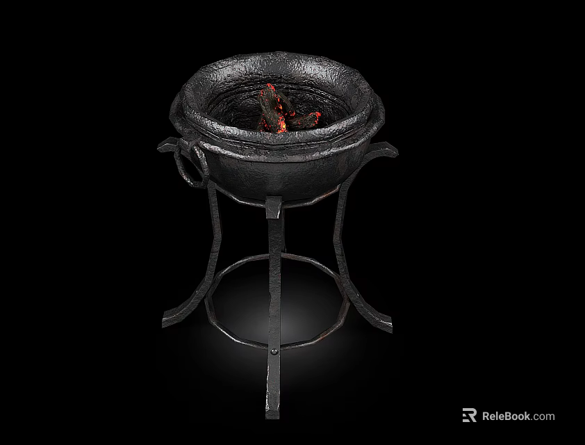 Black Metal Fire Pit With Stand Featuring Burning Flames And Embers 3d model