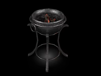 Black Metal Fire Pit With Stand Featuring Burning Flames And Embers 3d model