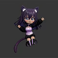 Game And Movie Character 3D Cartoon With Purple Hair Cat Ears Tail Playful Jumping Pose