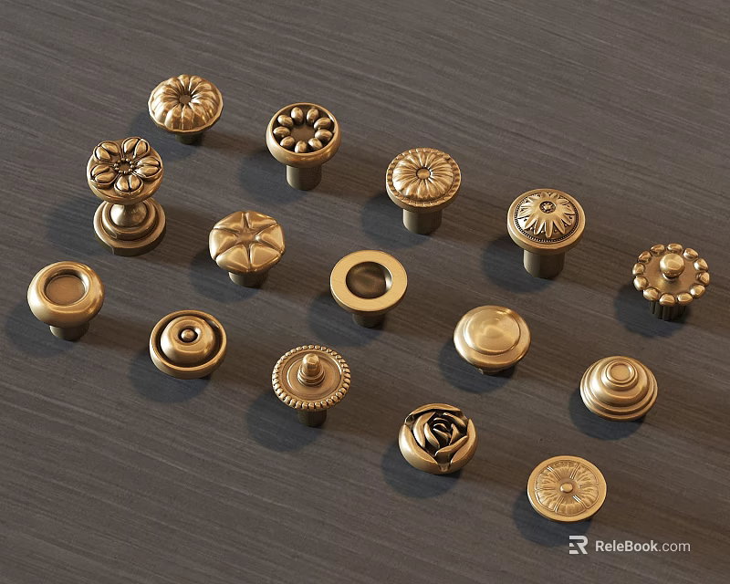 Golden Decorative Brass Knobs With Various Floral And Geometric Patterns 3d model