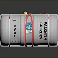 White Cylindrical Industrial Storage Tank With Red Straps And Metal Stand