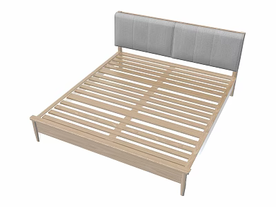 Simple Double Bed Interior With Wooden Frame And Gray Upholstered Headboard 3d model
