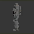Detailed Silver Metallic Robot With Full Body Armor Standing In Reflective Surface