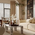 Neutral Tone Living Room Interior With Beige Sofa Coffee Table TV And Large Window
