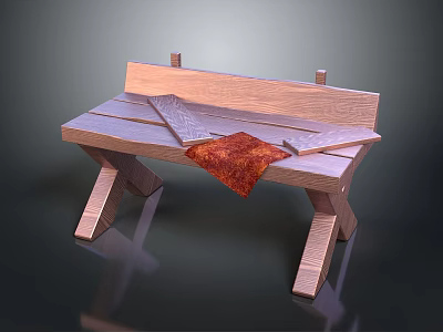 Rustic Wooden Bench With Natural Wood Grain Cross Legs And Decorative Cloth Top 3d model