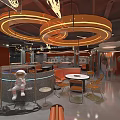 Modern Hot Pot Restaurant Interior With Orange Decor Round Lighting And Seating Area