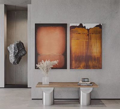 Abstract Paintings with Textured Orange Yellow Tones on Gray Wall Wooden Table and Hanging Decor 3d model
