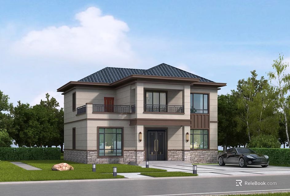 Two Story Detached Villa With Dark Roof Large Windows Green Lawn And Parking Area 3d model 