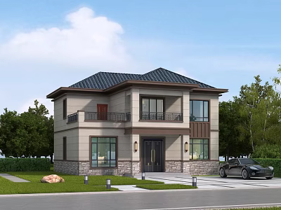 Two Story Detached Villa With Dark Roof Large Windows Green Lawn And Parking Area 3d model