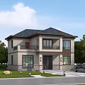 Two Story Detached Villa With Dark Roof Large Windows Green Lawn And Parking Area