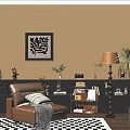Brown Leather Single Sofa Living Room with Floor Lamp Wall Art Decorative Shelves Checkered Rug