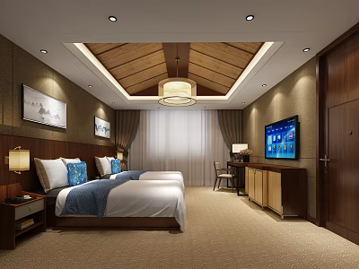 Hotel Guest Room With Twin Beds Wooden Ceiling And Chandelier Decorative Paintings TV And Curtains 3d model