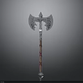 Elaborate Metal Axe With Decorative Patterns And Red White Handle As Fantasy Weapon