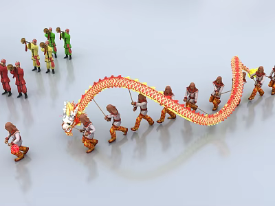 Modern Dragon Dance People Festival Characters People who play suona Dragon Lingnan Cultural Animation Characters Open for Business People who dance Dragon Dance Chinese Traditional Culture Folk Show 3d model