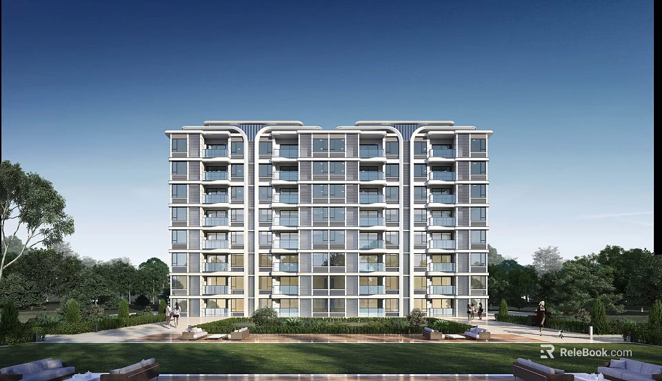 Modern Multistory Apartment Building With Balconies Green Lawn And Trees 3d model 
