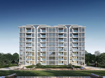 Modern Multistory Apartment Building With Balconies Green Lawn And Trees 3d model