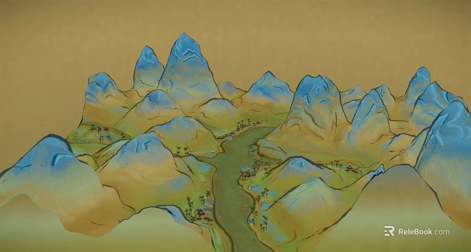 Scenic Traditional Chinese Garden Landscape With Blue Yellow Mountains And Flowing River 3d model 