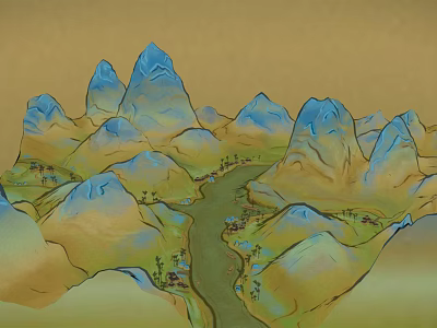 Scenic Traditional Chinese Garden Landscape With Blue Yellow Mountains And Flowing River 3d model