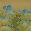 Scenic Traditional Chinese Garden Landscape With Blue Yellow Mountains And Flowing River