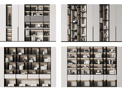 Modern Bookcase Design With Layered Shelves Decorative Items And Ambient Lighting 3d model