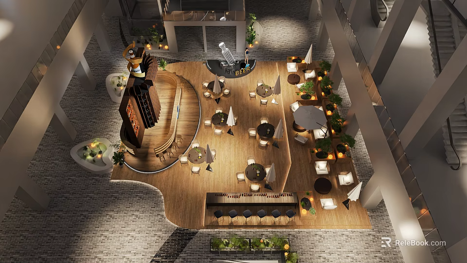 Lively Commercial Street With Outdoor Seating Green Plants Boutique Shops And Warm Ambient Lighting 3d model 