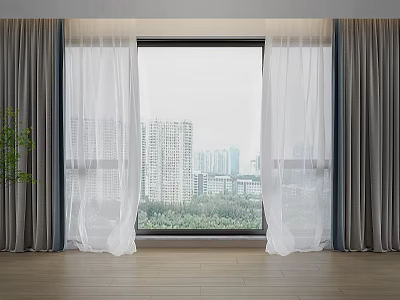 Gray Blackout Curtains and White Sheer Drapes with City View Green Plant and Wooden Floor in Modern Room 3d model
