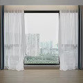 Gray Blackout Curtains and White Sheer Drapes with City View Green Plant and Wooden Floor in Modern Room