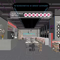 Neon Lit Modern Hot Pot Restaurant Interior With Tables Chairs And Counter Decorations