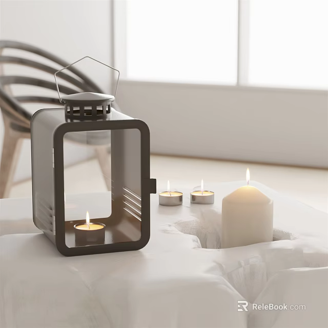 Modern Black Candle Lantern With Lit Candles On White Indoor Table 3d model