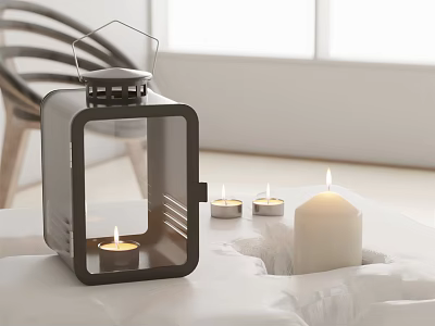 Modern Black Candle Lantern With Lit Candles On White Indoor Table 3d model