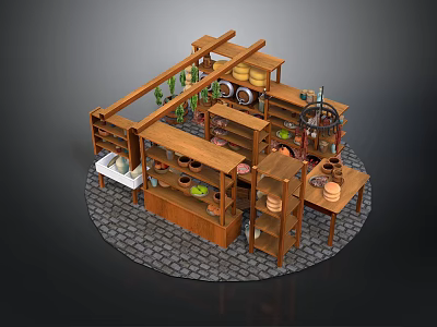 Wooden Market Stall With Shelves Ceramic Bowls Green Plants And Stone Brick Floor 3d model