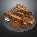 Wooden Market Stall With Shelves Ceramic Bowls Green Plants And Stone Brick Floor