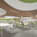 School Cafeteria Modern Interior Design With Circular Lights And Chairs 3d model