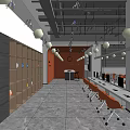 Public Office Space With Modern Design Long Work Desks Orange Chairs Computers And Display Cabinets 3d model