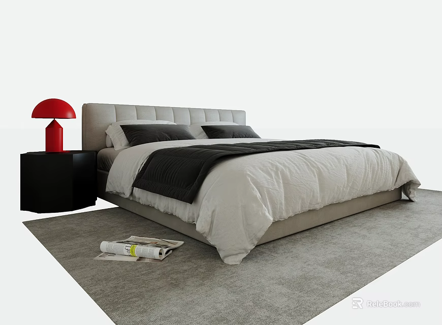 Kids Bed With Light Gray Headboard White Black Bedding Red Lamp And Black Nightstand 3d model 