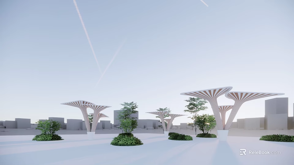 Modern Outdoor Public Space With White Umbrella Like Structures And Green Plants 3d model 
