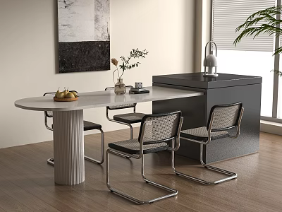 Modern Interior With Oval Dining Table Woven Metal Chairs Vase Flowers Black Cabinet And Lamp 3d model