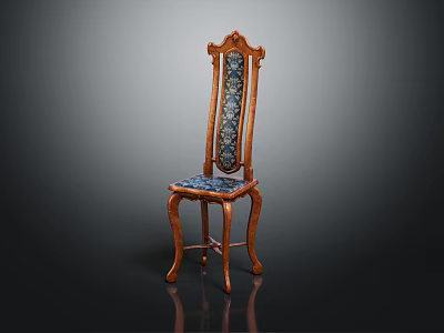 Classic High Back Carved Wood Chair With Blue Patterned Fabric And Curved Legs 3d model