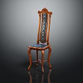 Classic High Back Carved Wood Chair With Blue Patterned Fabric And Curved Legs