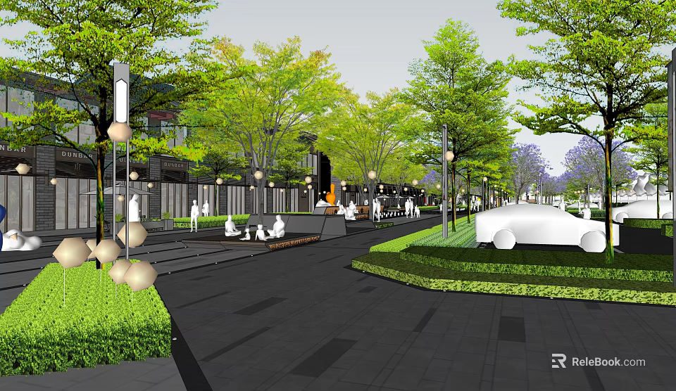 Modern Urban Garden Landscape Design With Lush Green Trees And Decorative Lamp Posts 3d model 