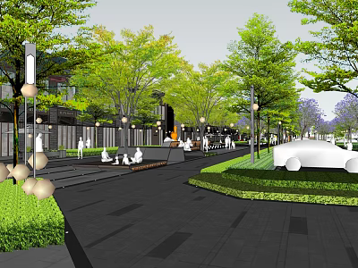 Modern Urban Garden Landscape Design With Lush Green Trees And Decorative Lamp Posts 3d model