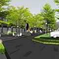 Modern Urban Garden Landscape Design With Lush Green Trees And Decorative Lamp Posts