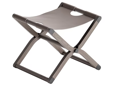 Foldable Stool With Wooden X Shaped Frame And Brown Leather Seat 3d model