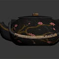 Traditional Handcrafted Black Tea Pot With Cherry Blossom Patterns Wooden Lid And Handle