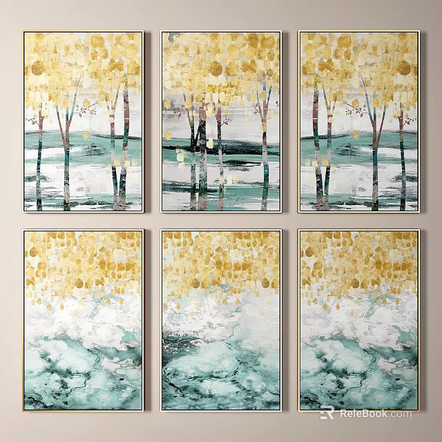 Abstract Paintings With Gold Tree And Teal Wave Elements Framed Wall Art Set 3d model