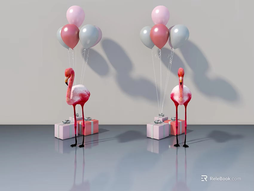 Swing Door Design With Pink White Balloons And Flamingo Decorative Gift Box 3d model 