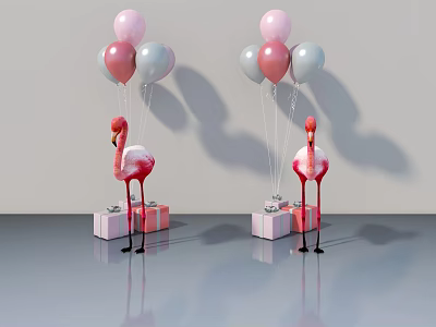 Swing Door Design With Pink White Balloons And Flamingo Decorative Gift Box 3d model