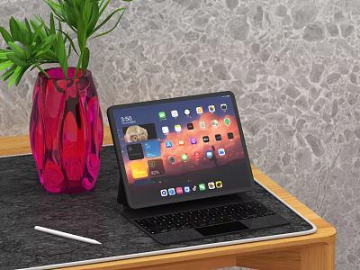 Tablet With Keyboard On Wooden Table Near Red Vase Green Plant And Stylus Pen 3d model