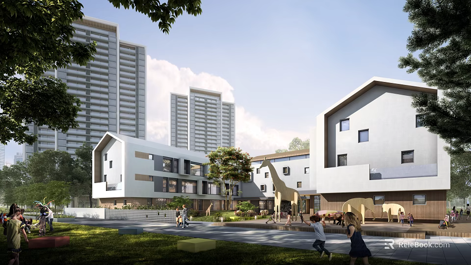 Modern Campus Buildings Featuring Green Space Trees And Outdoor Play Areas 3d model 
